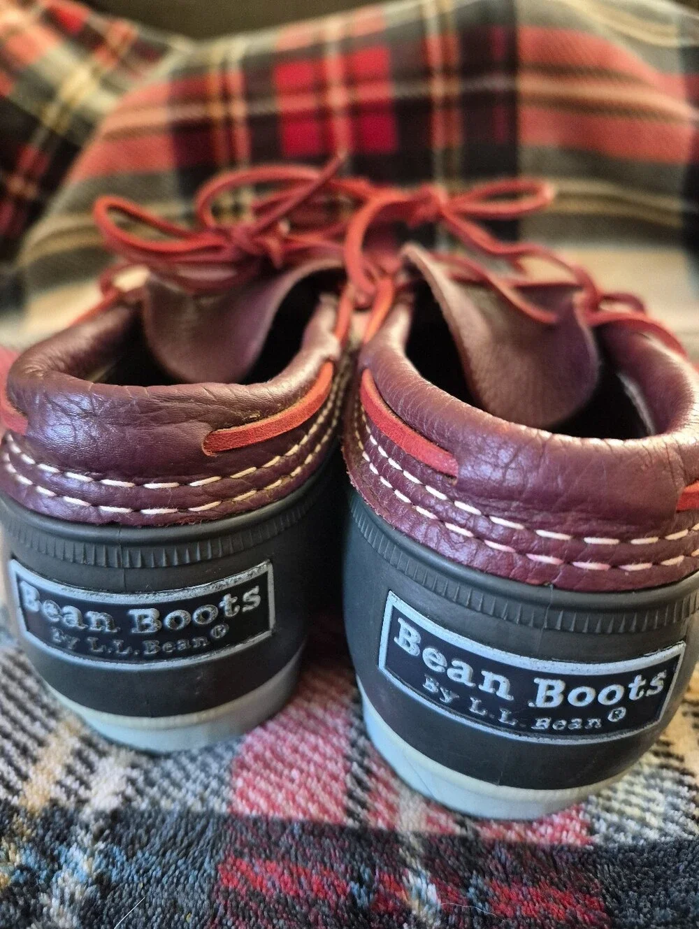 LL BEAN Made I Maine! Burgundy Leather & Black Rubber Duck Boots with Red Laces